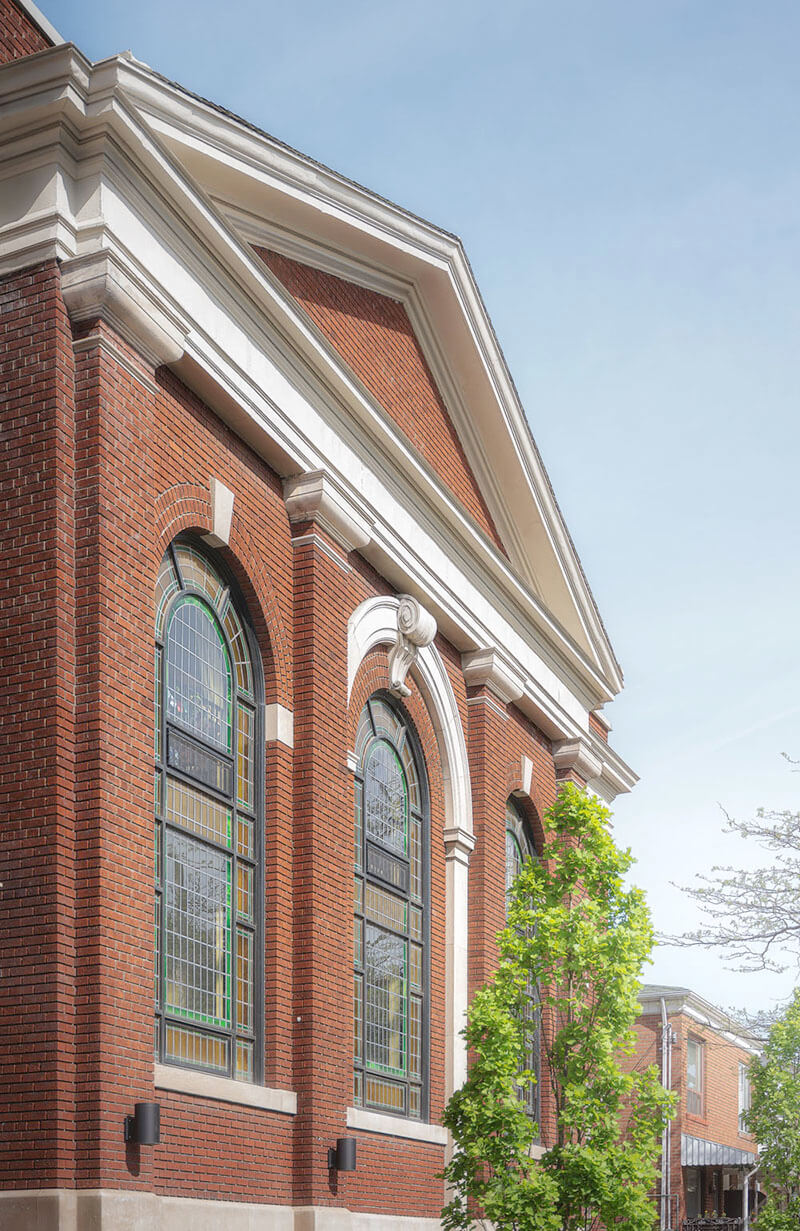 Sunday School Lofts Exterior Showing Close Up of Building Front form the Left Hand Side